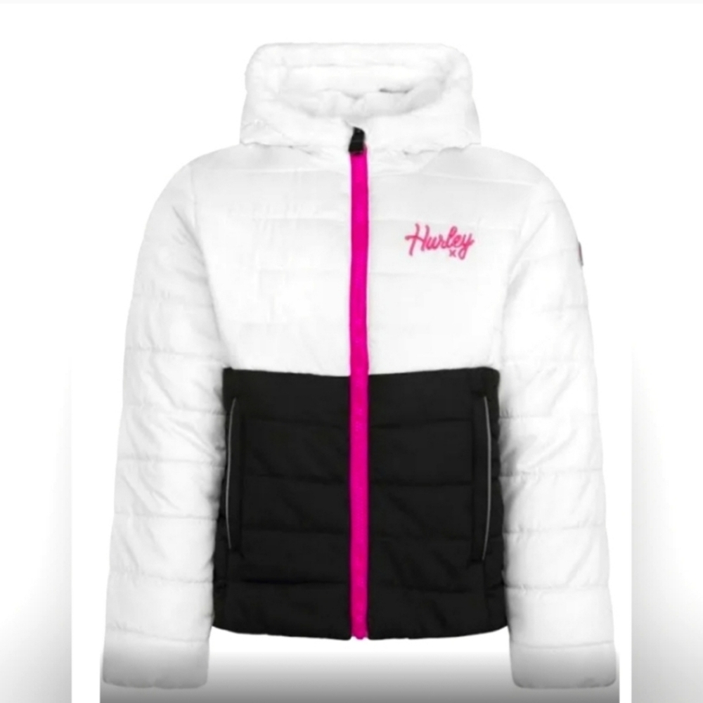 HURLEY girls faux fur zipper hooded puffer jacket white black pink Barbie style